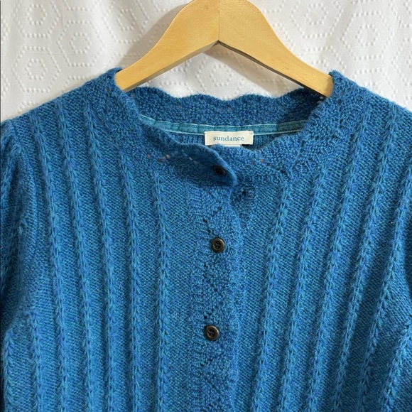 Sundance Catalog Alpine Kiss Cable Cardigan Wool Blend Blue Sweater - Picture 2 of 7